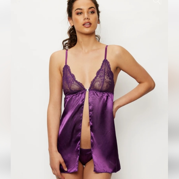 Frederick's of Hollywood M Purple Magic Astrid Satin Eyelash Babydoll 2piece set - Picture 2 of 12